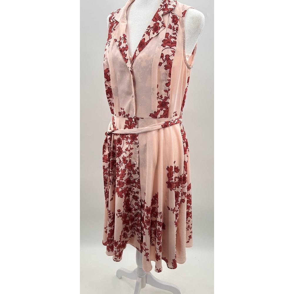 Nanette Lepore Pink Floral Sleeveless Belted Midi Shirtdress Size 6 Burgundy - Picture 4 of 16